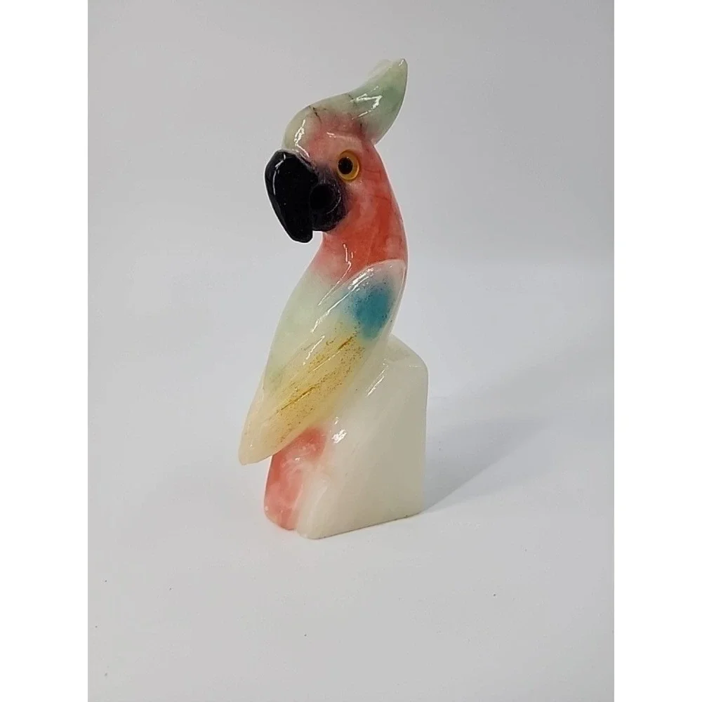 Vintage Hand Carved Onyx Stone Parrot Figurine Multi Color Bird Sculpture 5.5